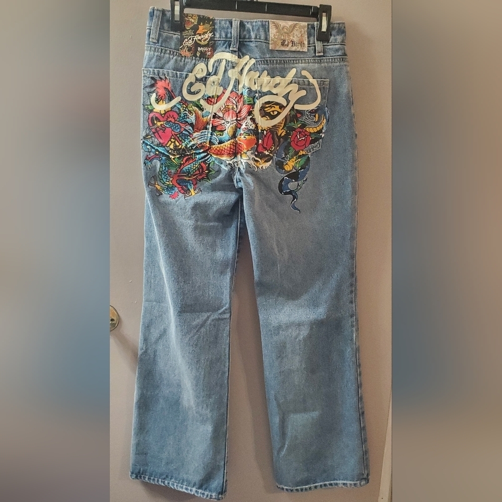 Ed Hardy Blue Denim Baggies with Multicolor Dragon Design And Flared Legs. Sz 28